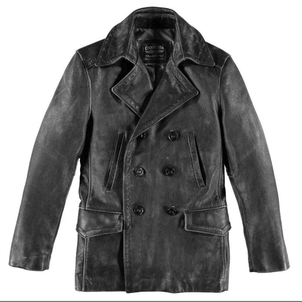 Cockpit USA Leather Naval Officers Peacoat Z21P019-Distressed Black-XXL